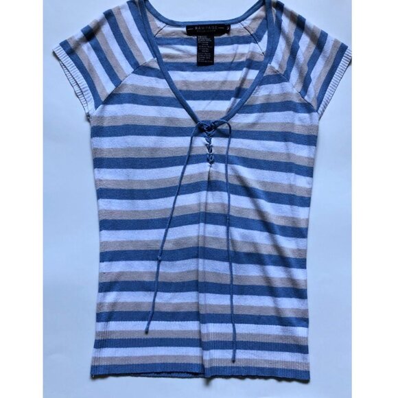 Rampage, Blue, White & Tan Stripe, stretchy, short/cap sleeve top, Size Medium - Picture 1 of 5